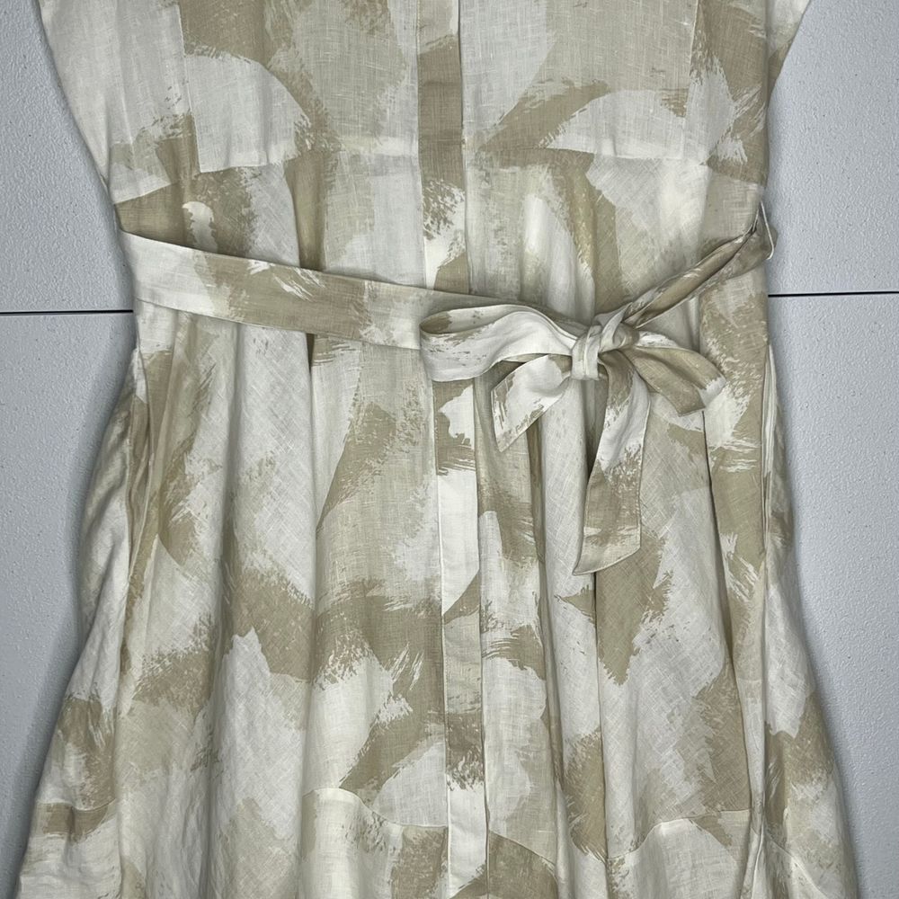 DKNY Dress Linen Tie Waist Beige White‎ Asymmetrical Hem Hidden Button Front 10 - Picture 8 of 14